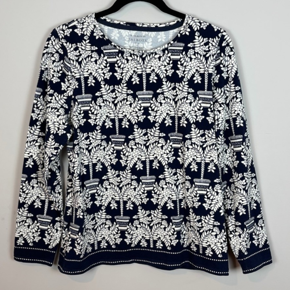 Talbots Womens Black White Tree Pattern The Talbots Tee SZ Petite LG Old Money